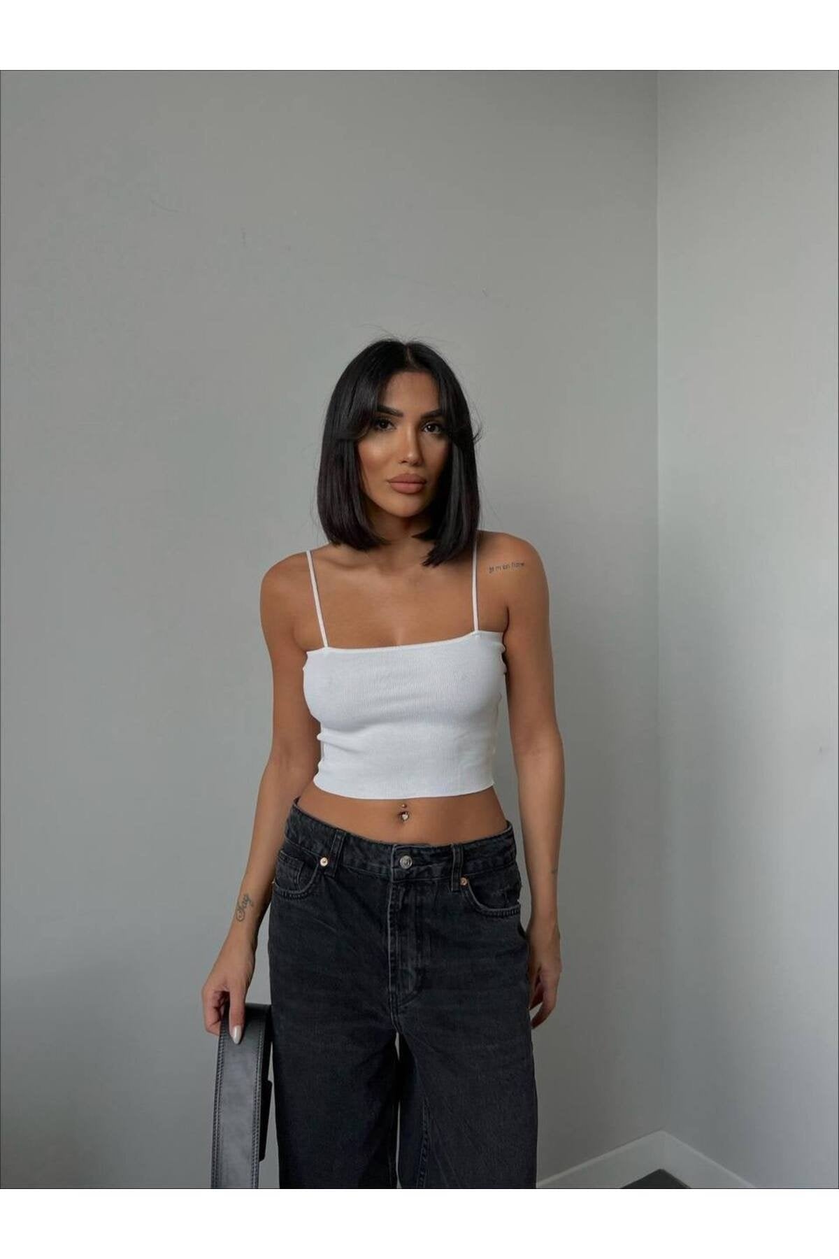 Yeşil Askılı Crop Triko Atlet