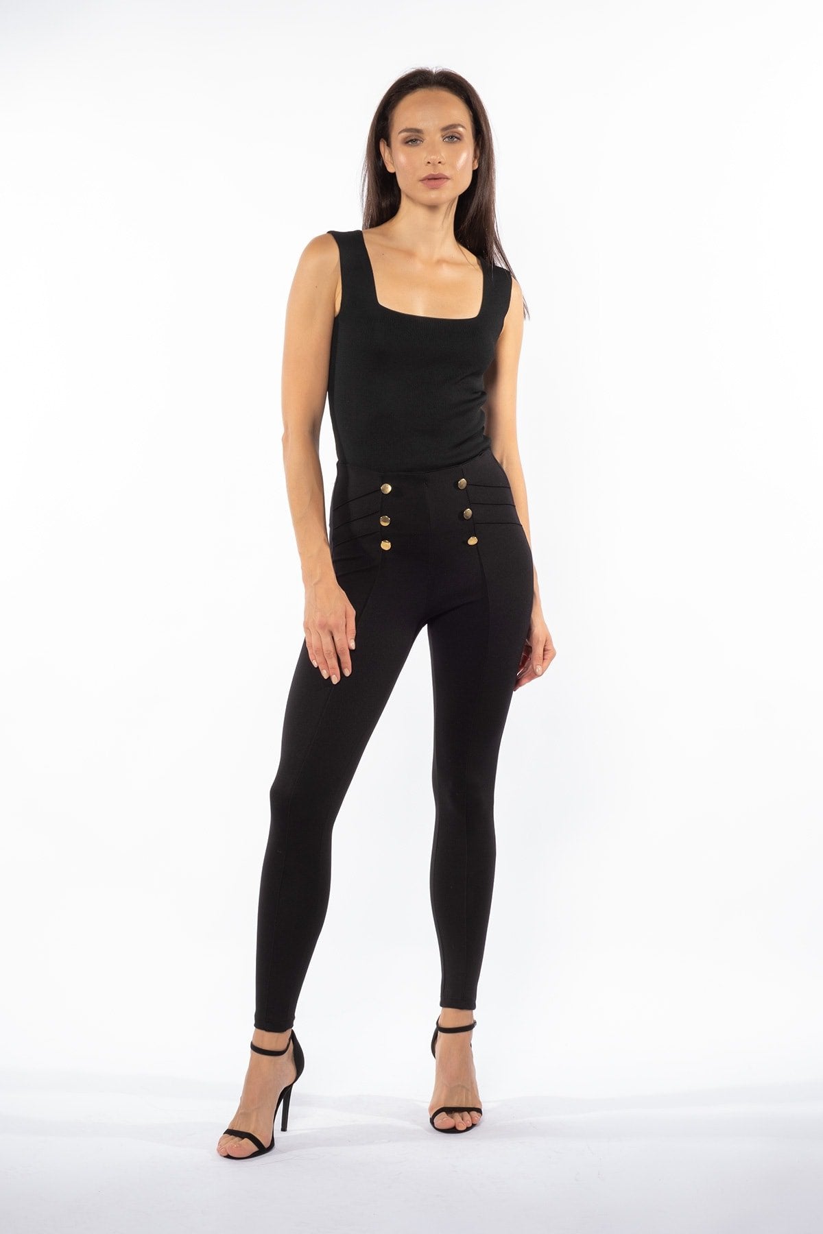 Siyah Gold Düğmeli Ve Çapraz Dikişli Yüksek Bel Toparlayıcı Kışlık Örme Tayt