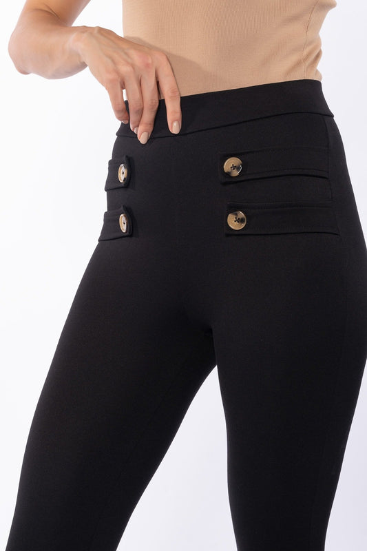 Siyah Apoletli Kemik Düğme Detaylı Yüksek Bel Toparlayıcı Kışlık Örme Tayt