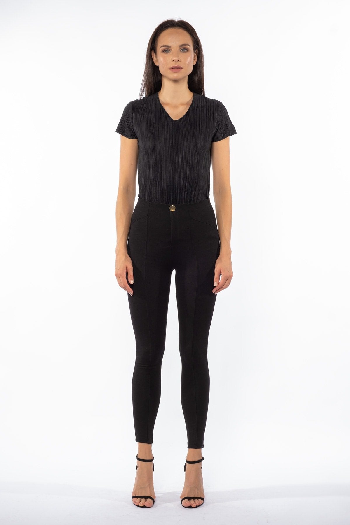 Siyah Süs Patlı Tek Düğme Detaylı Yüksek Bel Toparlayıcı Kışlık Örme Tayt