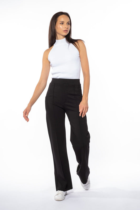 Siyah Çıma Detaylı Bol Paça Yüksek Bel Pantolon Tayt