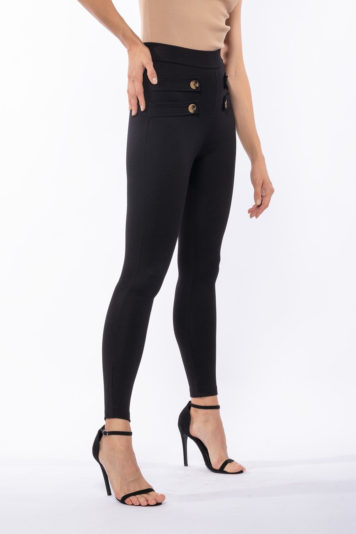 Siyah Apoletli Kemik Düğme Detaylı Yüksek Bel Toparlayıcı Kışlık Örme Tayt