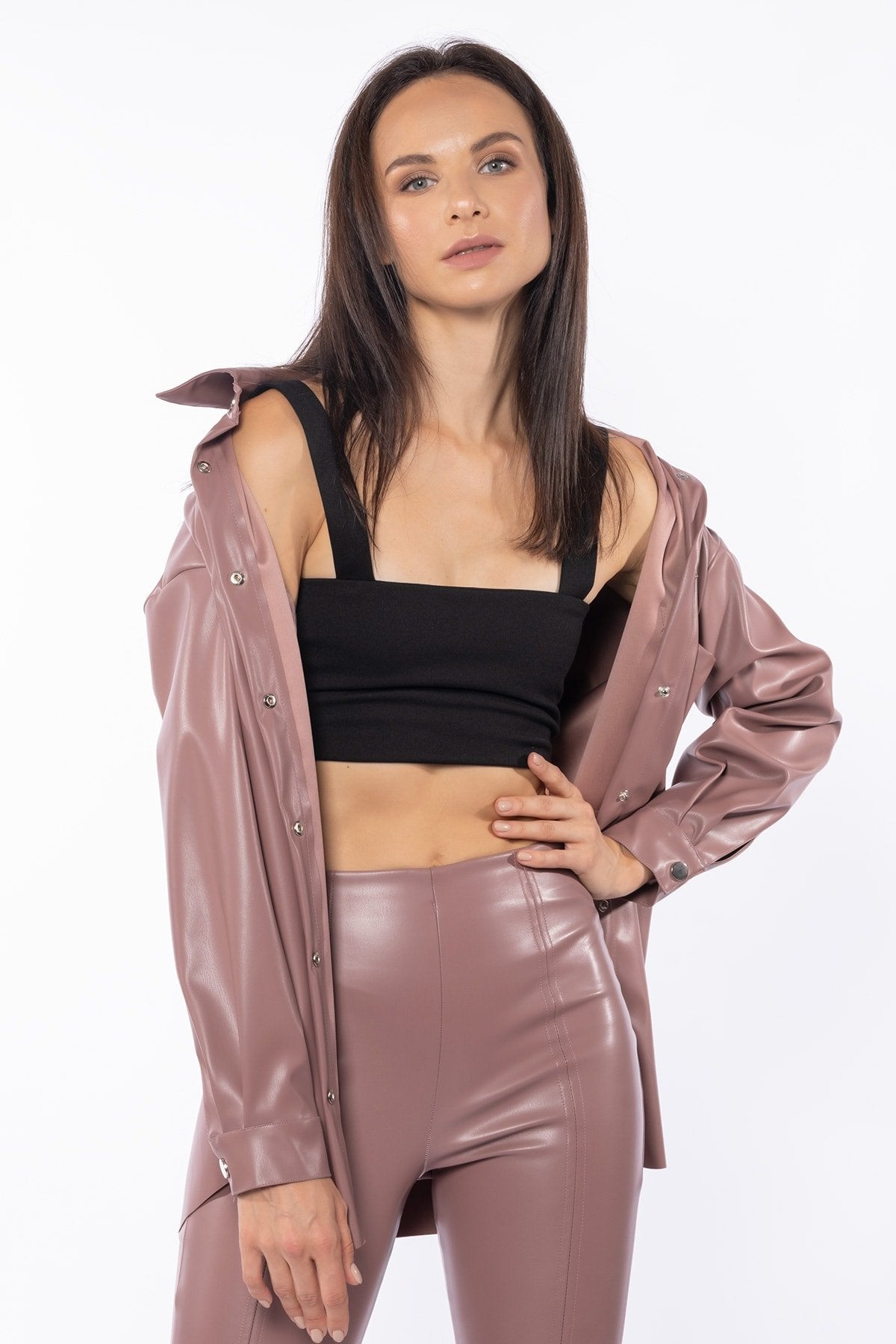 Önü Yırtmaçlı Çıma Dikişli Kalın Şardonlu Yüksek Bel Deri Pantolon Tayt