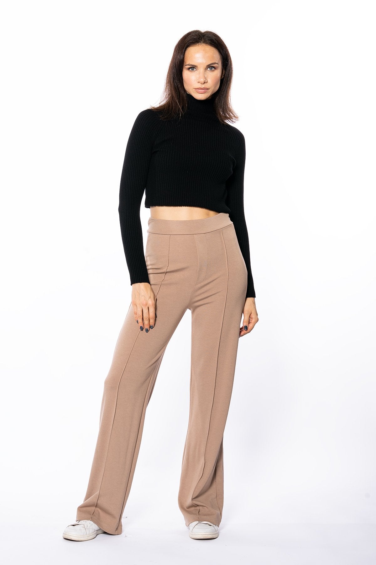 Siyah Çıma Detaylı Bol Paça Yüksek Bel Pantolon Tayt