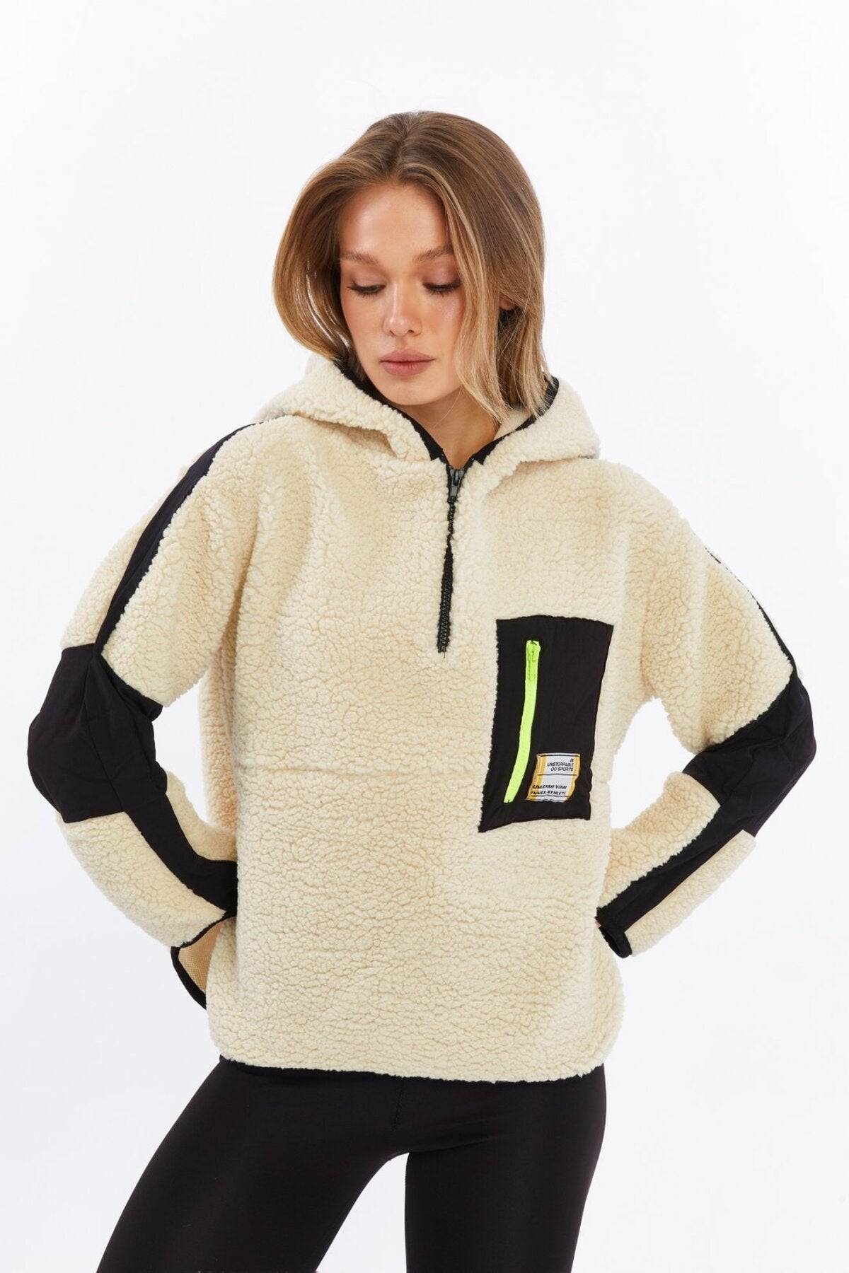 Peluş Renk Bloklu Oversize Paraşüt Kumaş Detaylı Örme Spor Sweatshirt