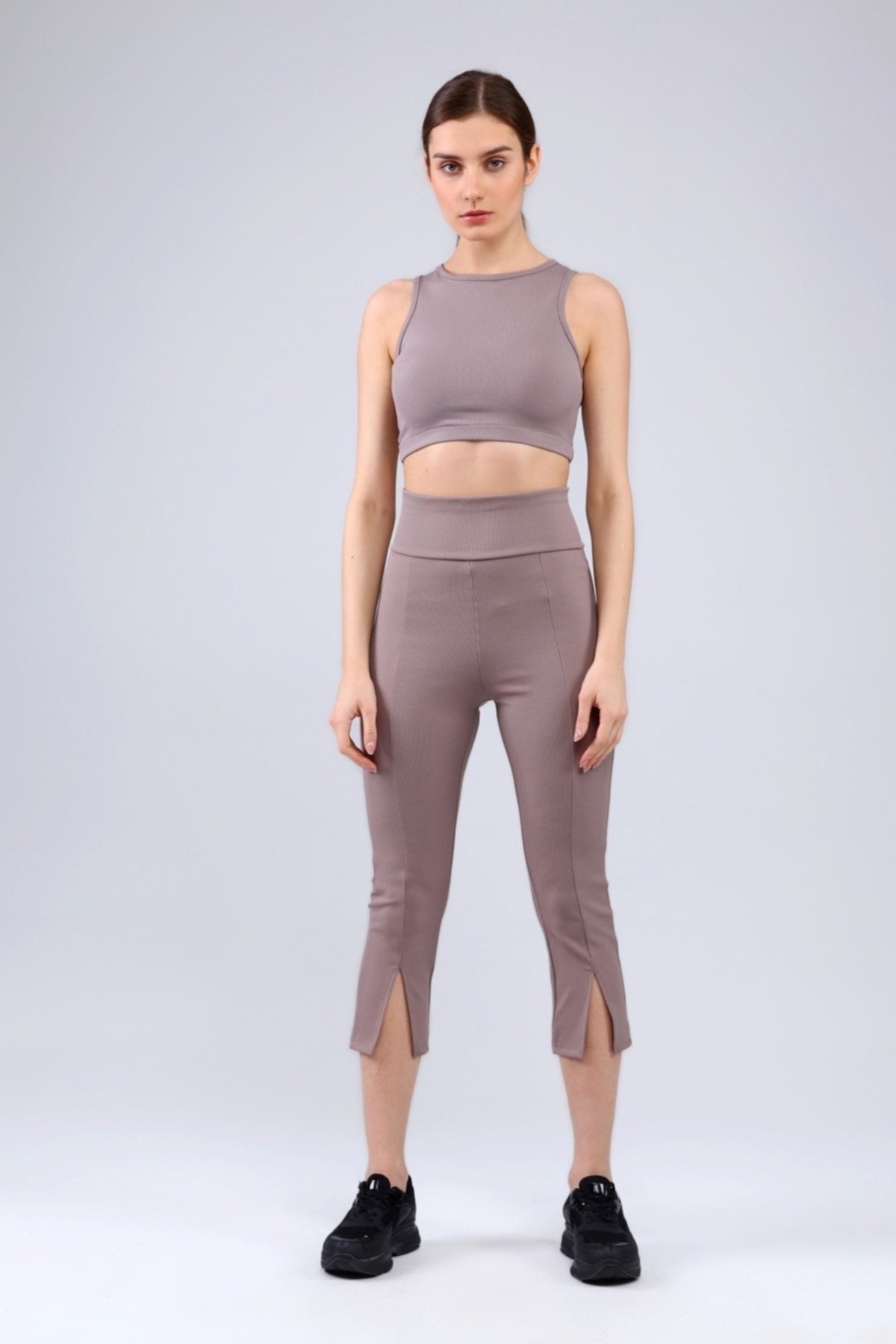 Lacivert Fitilli Kısa Paça Ön Yırtmaçlı Yüksek Bel Toparlayıcı Tayt