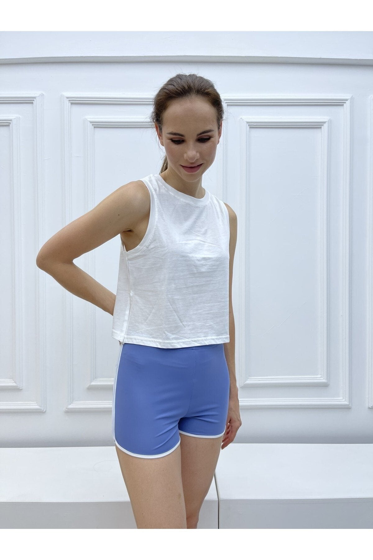 Lila Yanda Tek Şeritli Mini Sporcu Şort