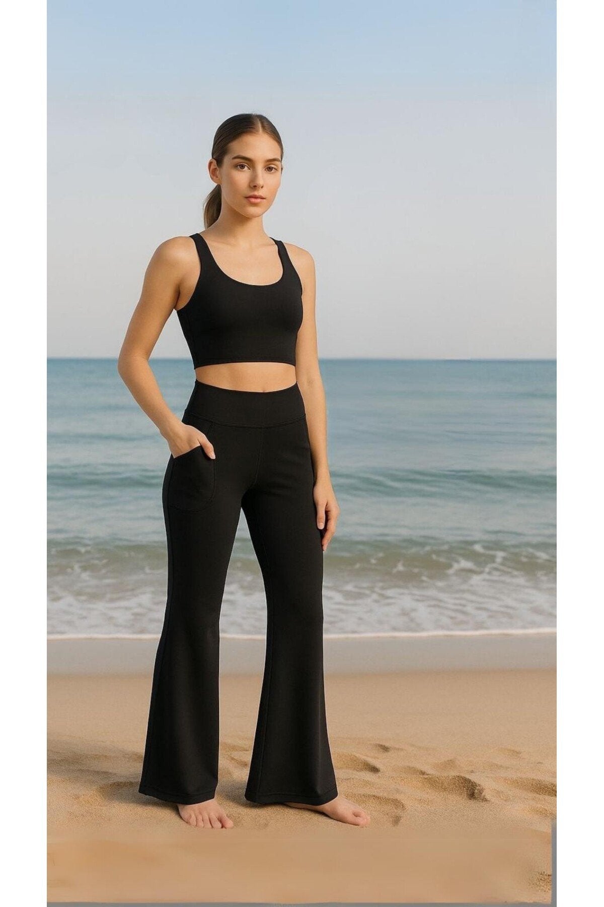 Siyah Scuba/Dalgıç Kumaş Rahat Kesim İspanyol Paça Örme Spor Eşofman Altı