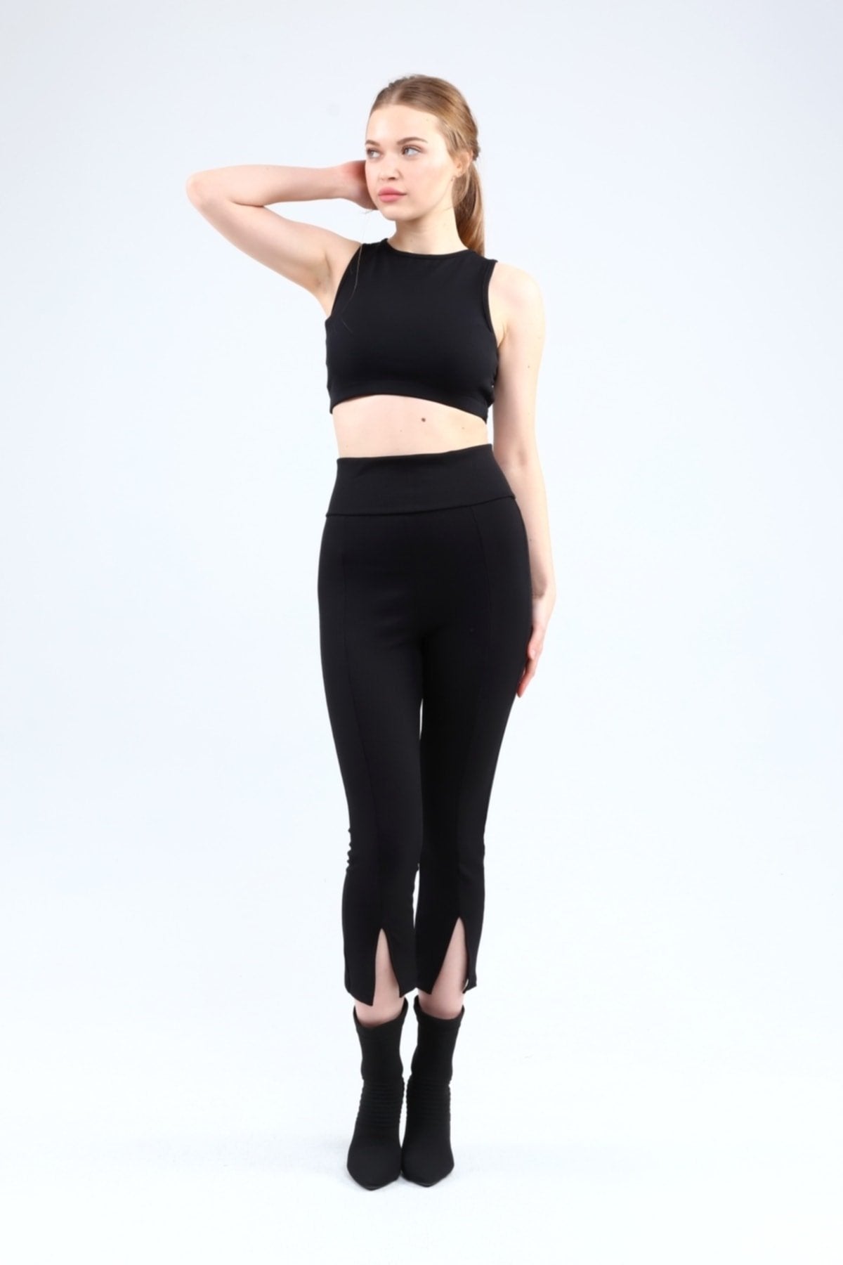 Lacivert Fitilli Kısa Paça Ön Yırtmaçlı Yüksek Bel Toparlayıcı Tayt