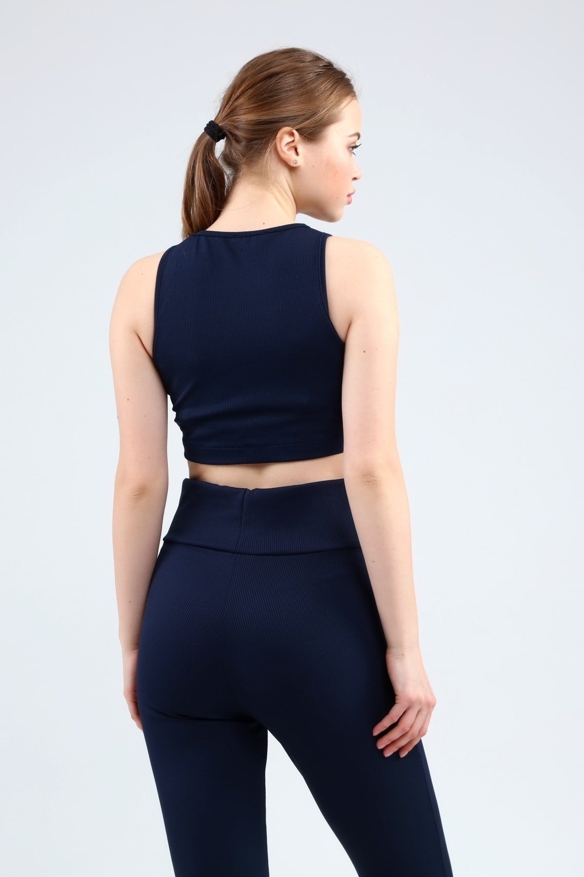 Lacivert Fitilli Kısa Paça Ön Yırtmaçlı Yüksek Bel Toparlayıcı Tayt