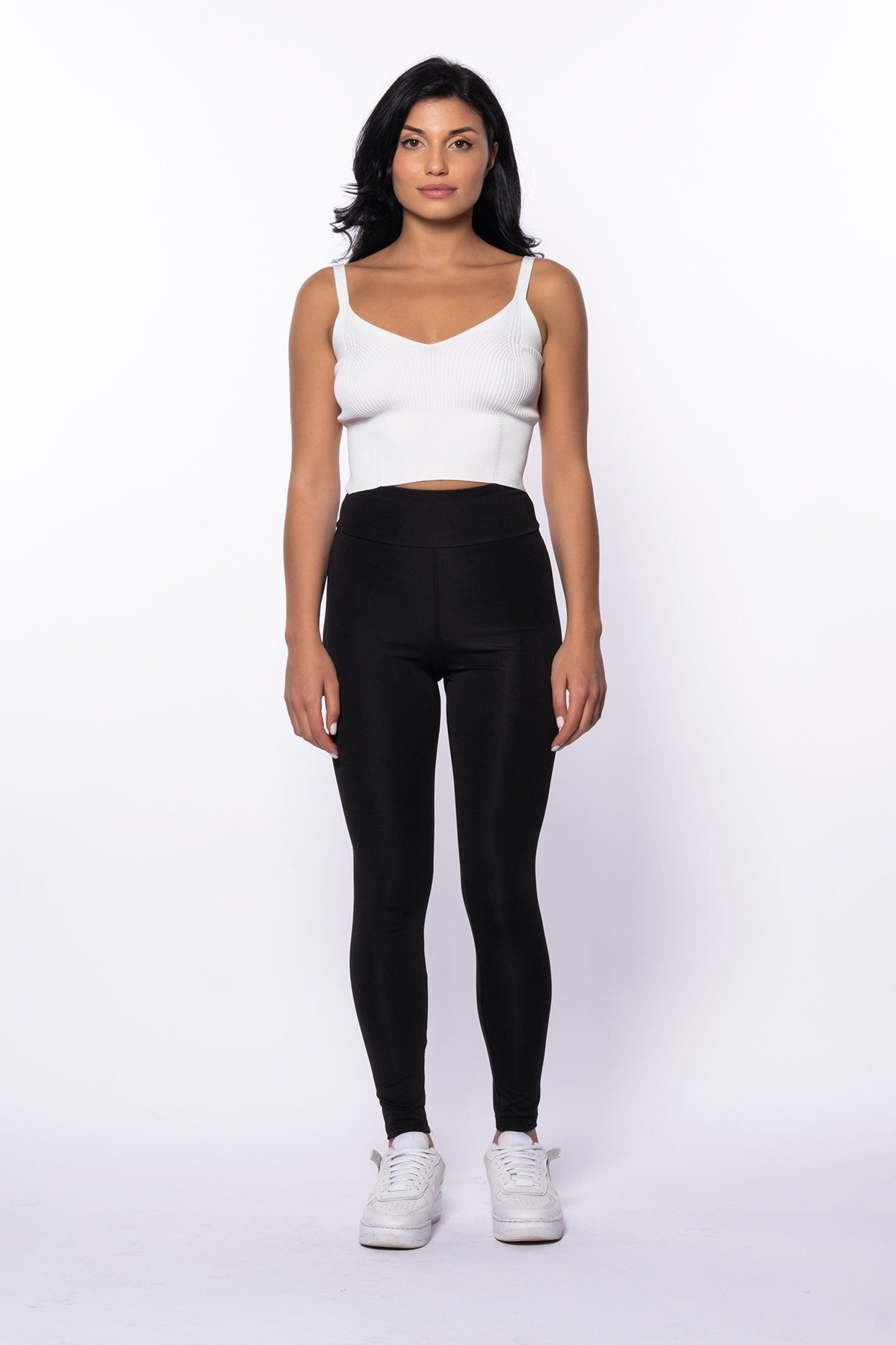 Siyah Yüksek Bel Dalgıç Kumaş Toparlayıcı Spor Tayt