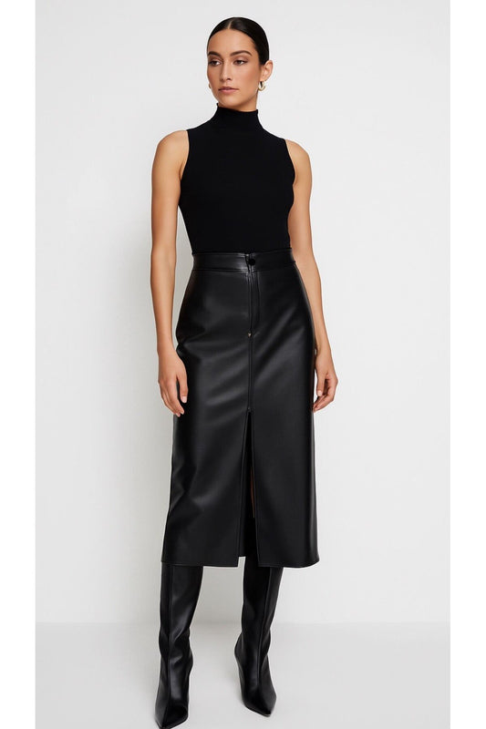 Siyah Yırtmaçlı Suni Deri Yüksek Bel Maxi Etek