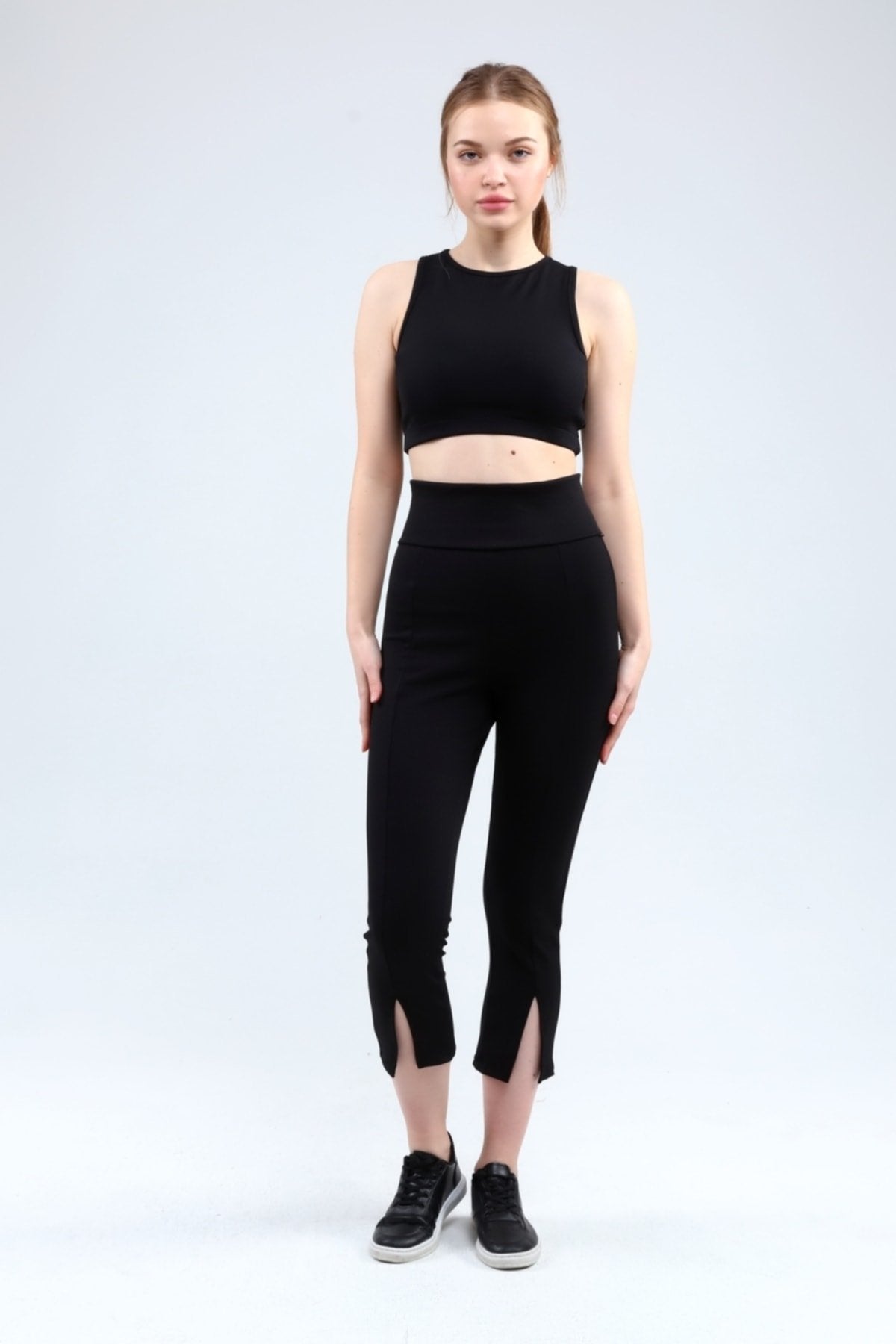 Lacivert Fitilli Kısa Paça Ön Yırtmaçlı Yüksek Bel Toparlayıcı Tayt