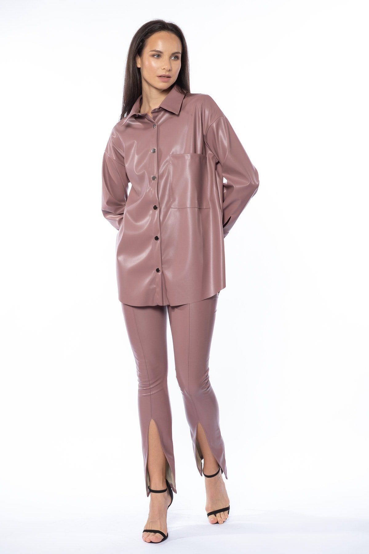 Önü Yırtmaçlı Çıma Dikişli Kalın Şardonlu Yüksek Bel Deri Pantolon Tayt