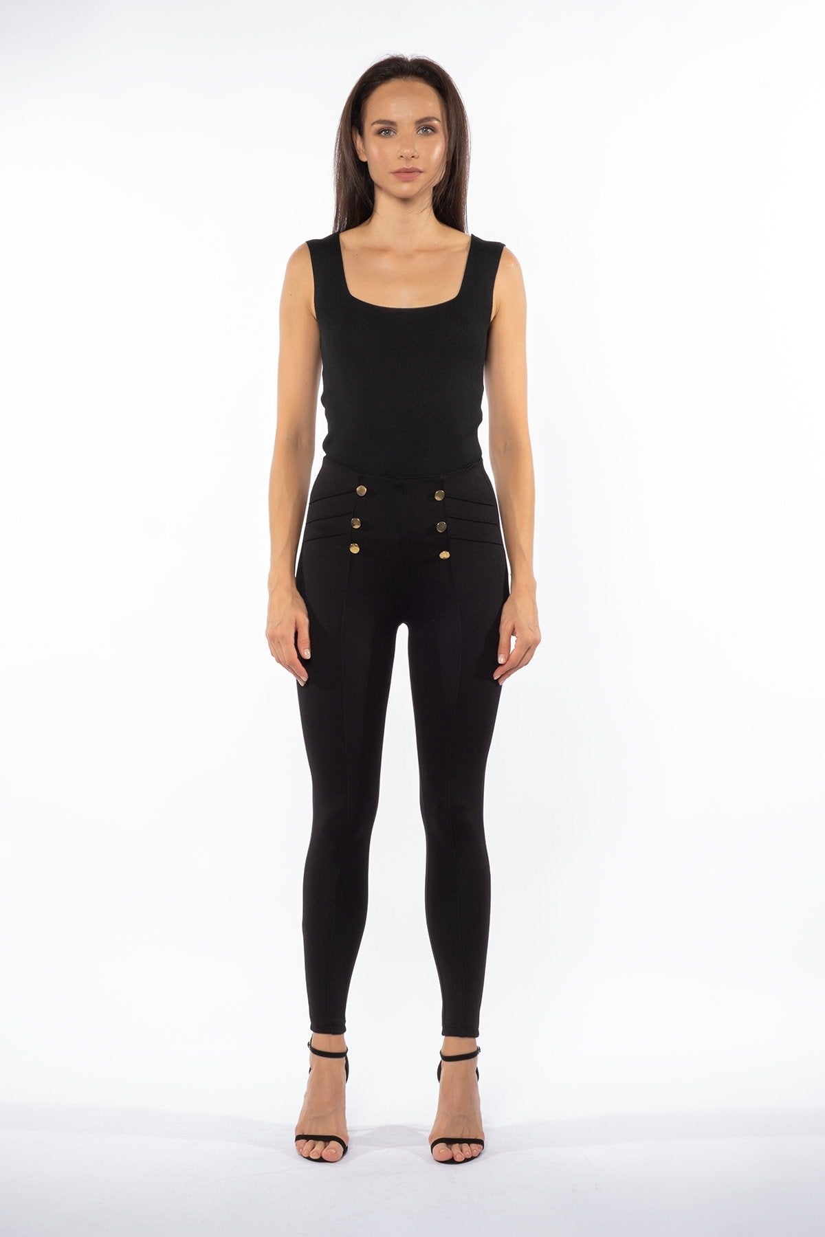 Siyah Gold Düğmeli Ve Çapraz Dikişli Yüksek Bel Toparlayıcı Kışlık Örme Tayt