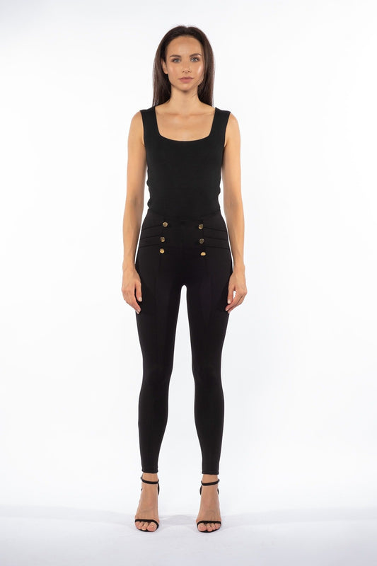 Siyah Gold Düğmeli Ve Çapraz Dikişli Yüksek Bel Toparlayıcı Kışlık Örme Tayt