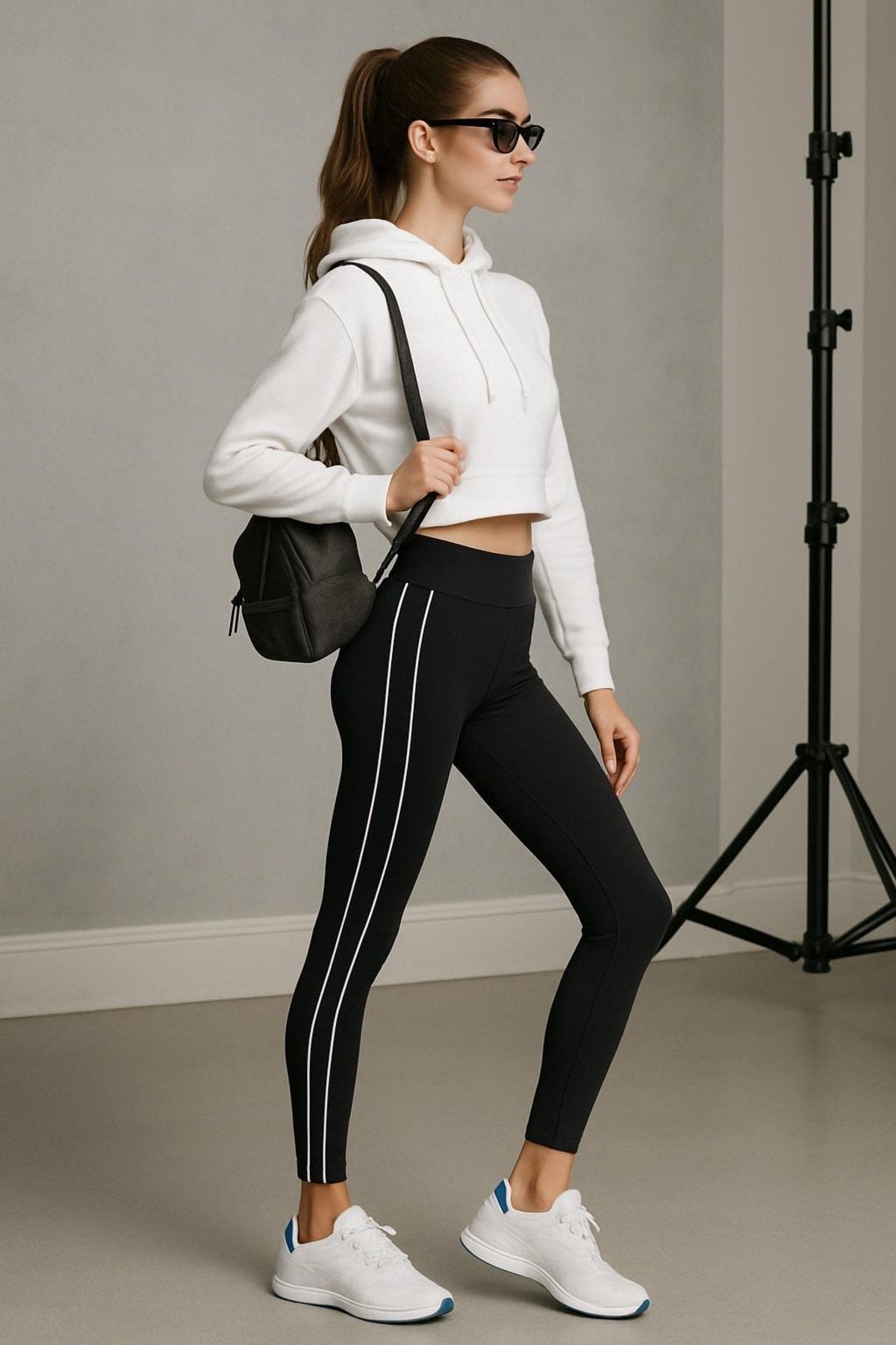 Bej Yanı Beyaz Biyeli Yüksek Bel Toparlayıcı Tayt