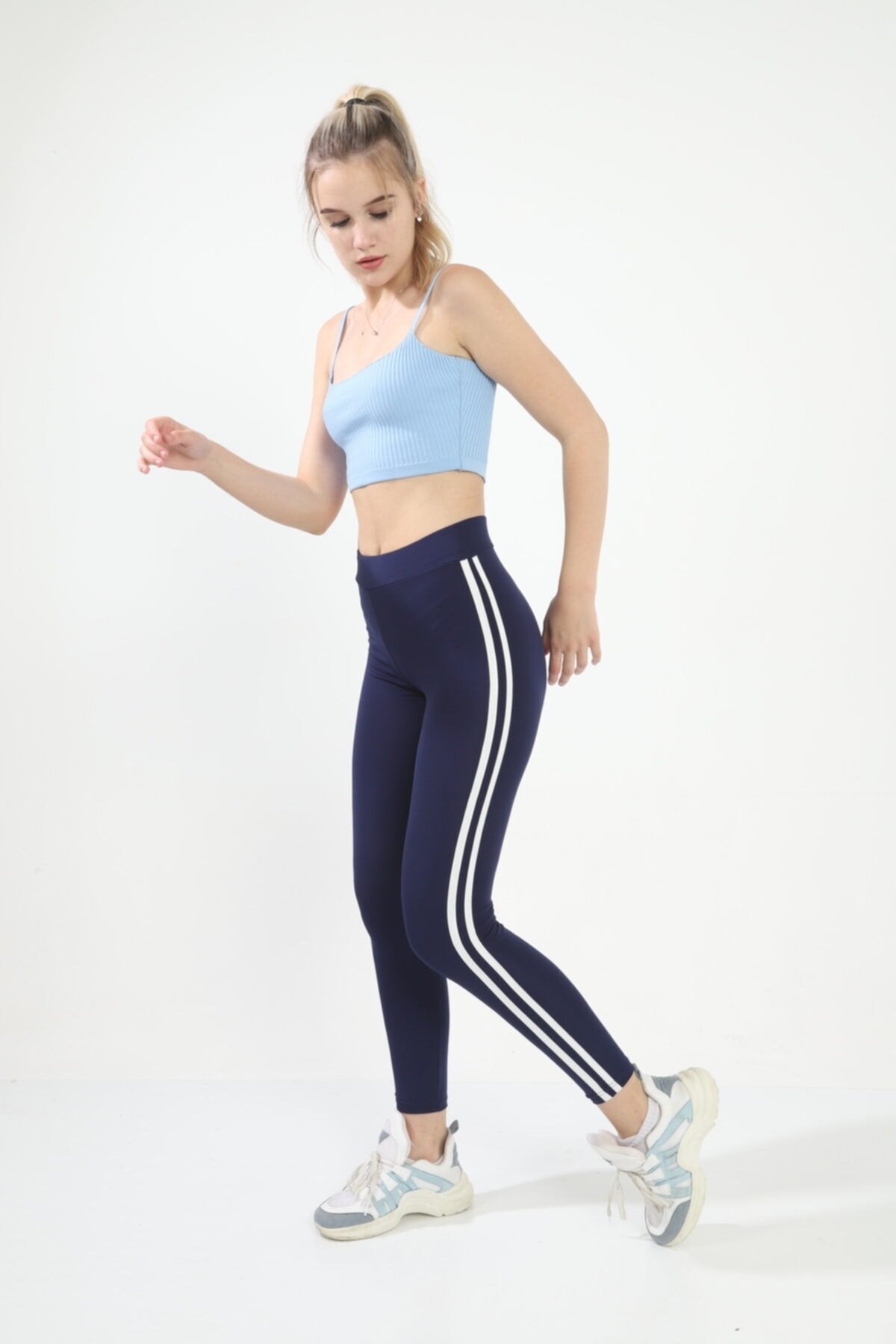 Lila Yanı İki Şeritli Yüksek Bel Toparlayıcı Tayt