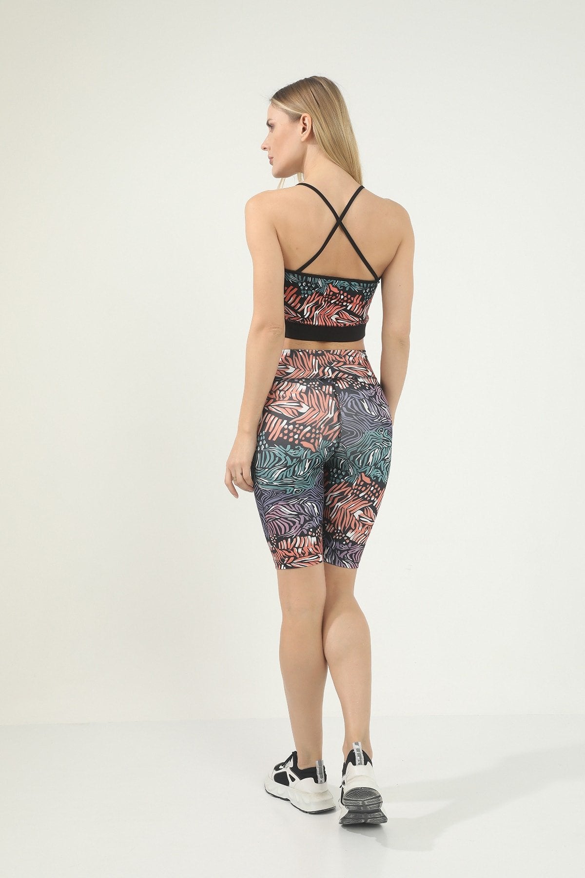 Turuncu Mixed Desen Dijital Baskılı Yüksek Bel Toparlayıcı Biker Tayt