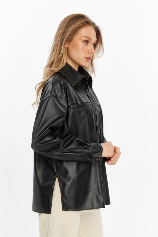 Siyah Kontrast Dikişli Suni Deri Gömlek