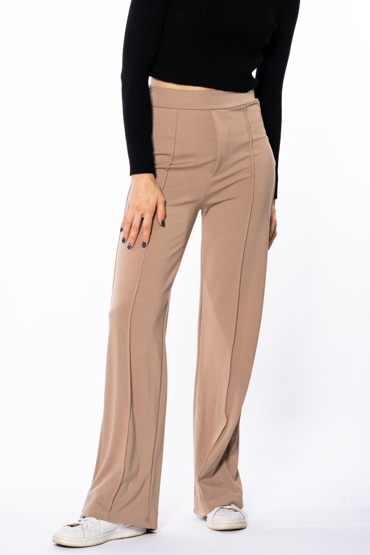 Siyah Çıma Detaylı Bol Paça Yüksek Bel Pantolon Tayt