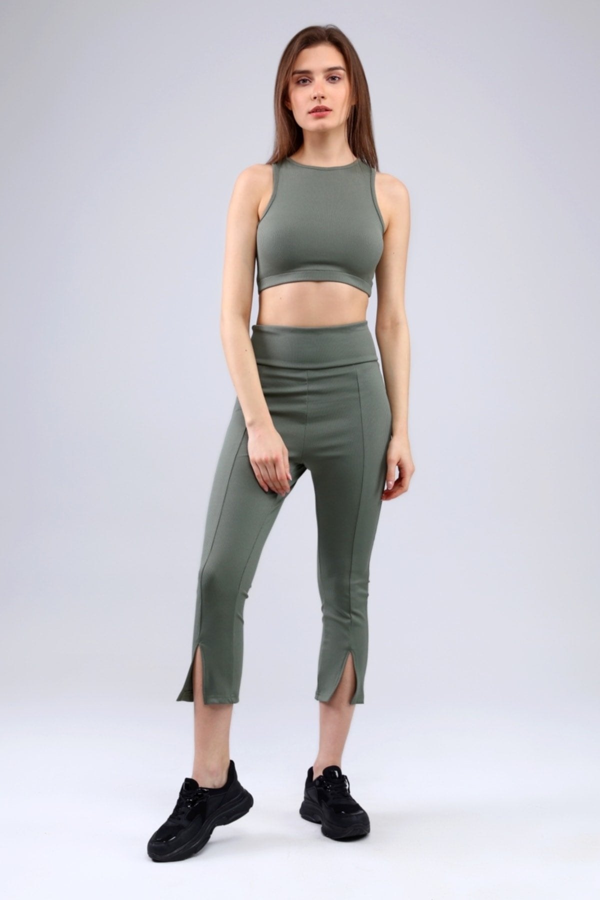 Lacivert Fitilli Kısa Paça Ön Yırtmaçlı Yüksek Bel Toparlayıcı Tayt