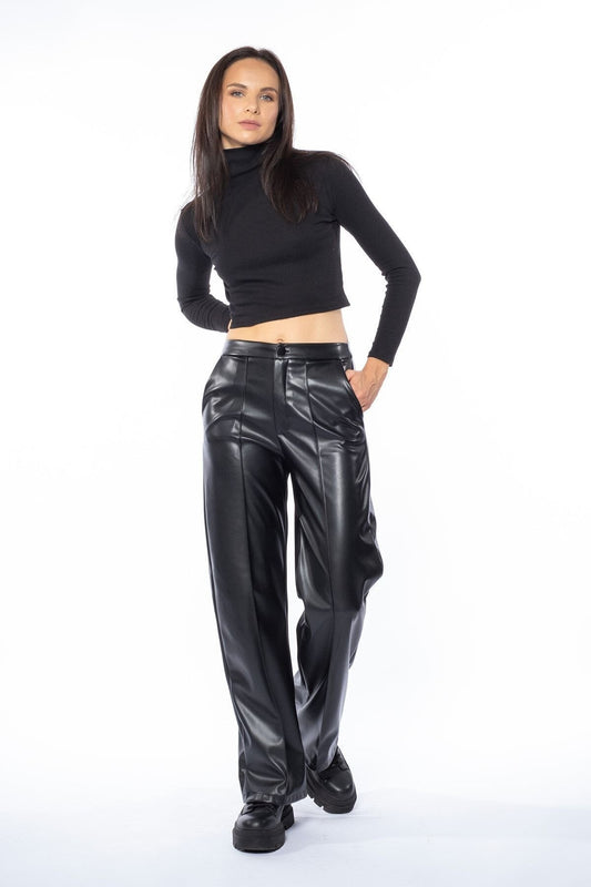 Siyah Deri Çıma Dikişli Ispanyol Paça Pantolon