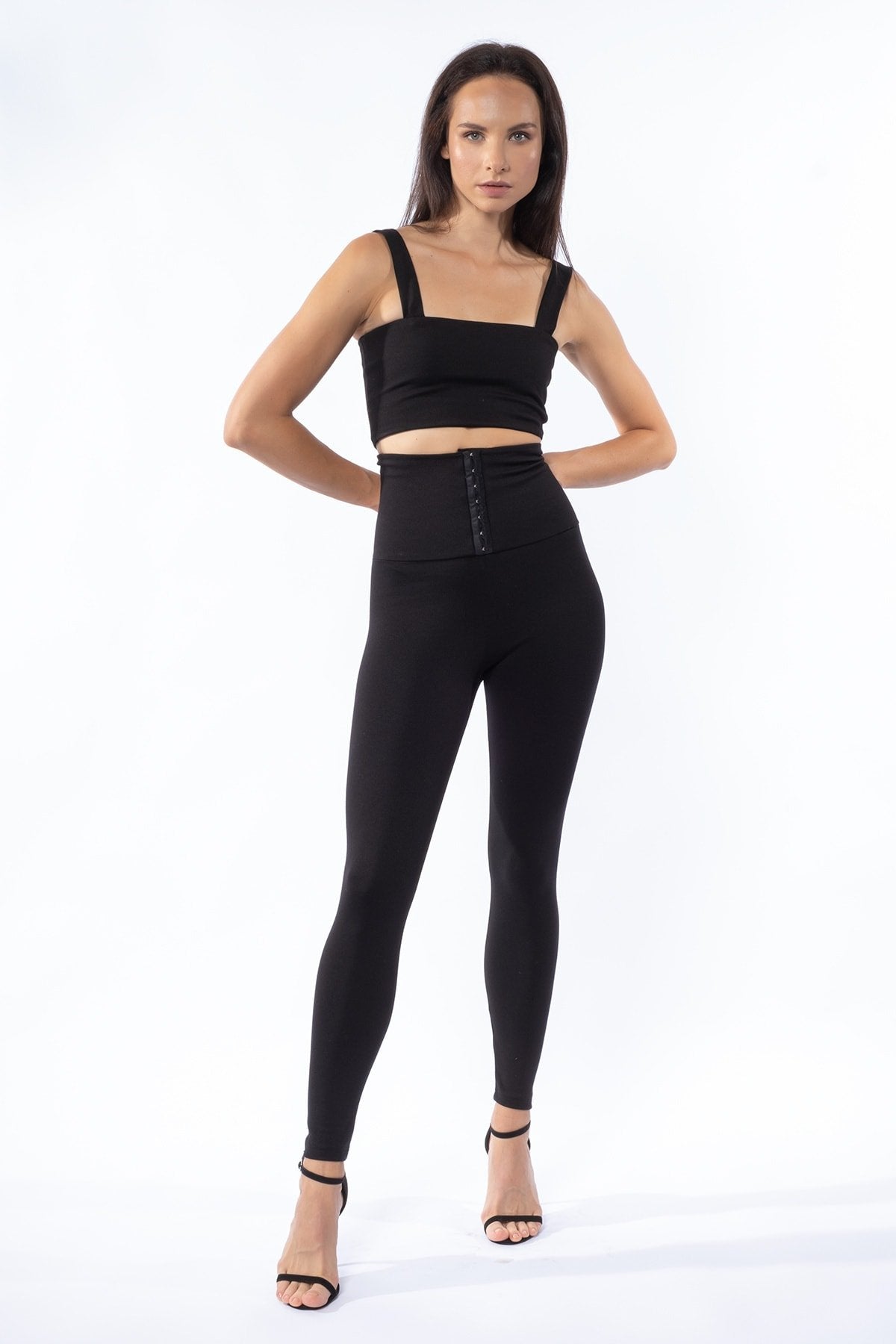 Siyah Korse Görünümlü Agraflı Toparlayıcı Kışlık Örme Tayt