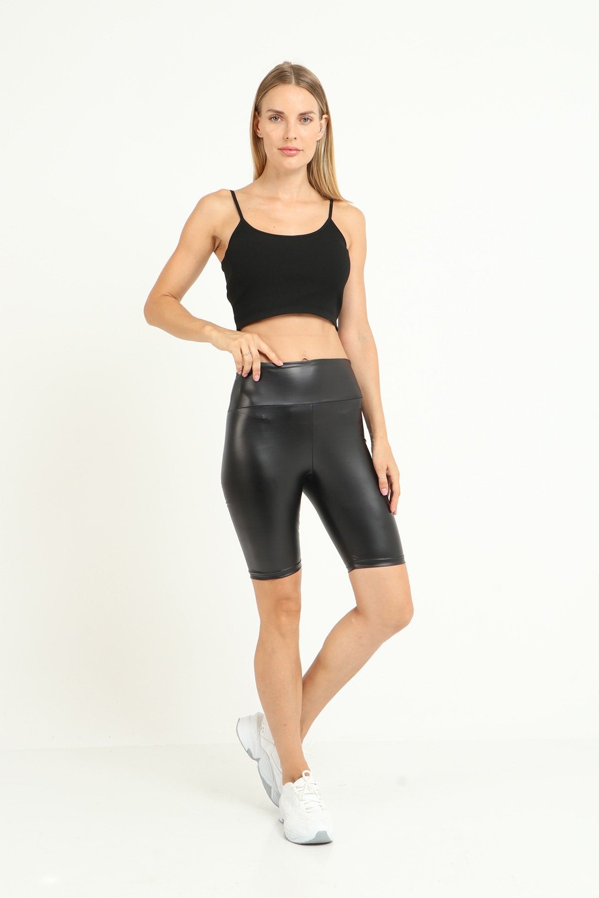 Siyah Deri Biker Tayt