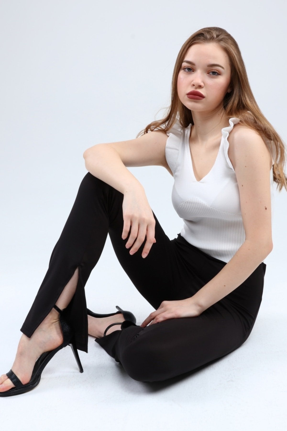 Füme Dalgıç İç Paça Yırtmaçlı Bol Yüksek Bel Toparlayıcı Tayt