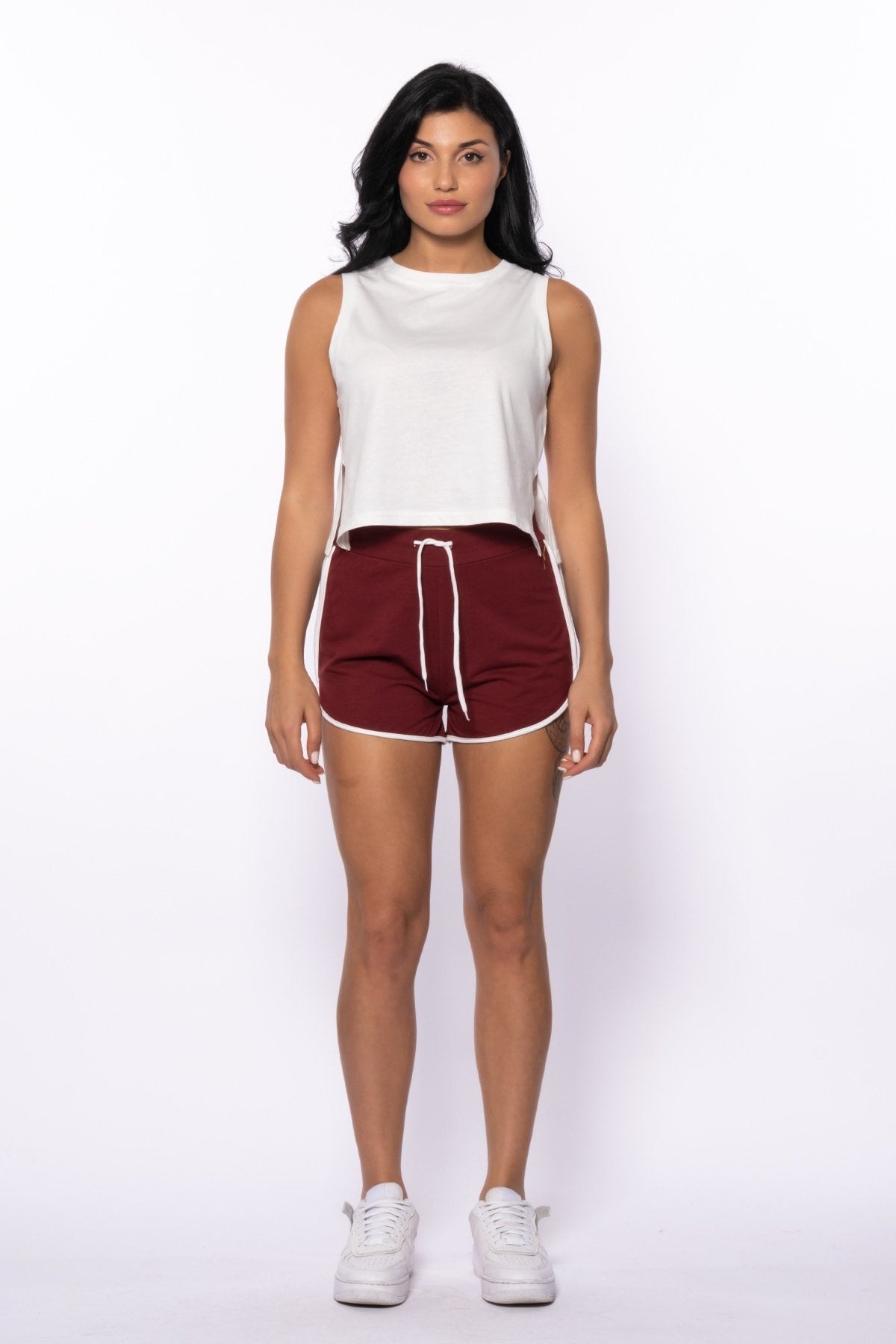 Lila Iki Iplik Şeritli Mini Şort