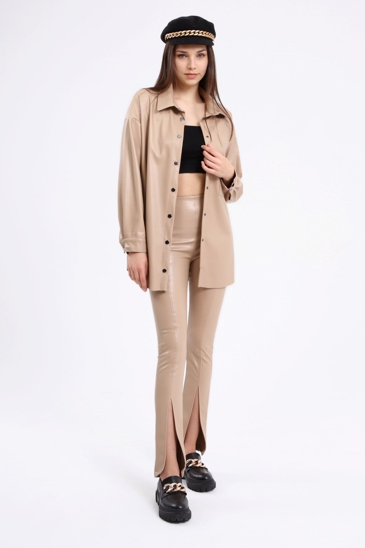 Önü Yırtmaçlı Çıma Dikişli Kalın Şardonlu Yüksek Bel Deri Pantolon Tayt