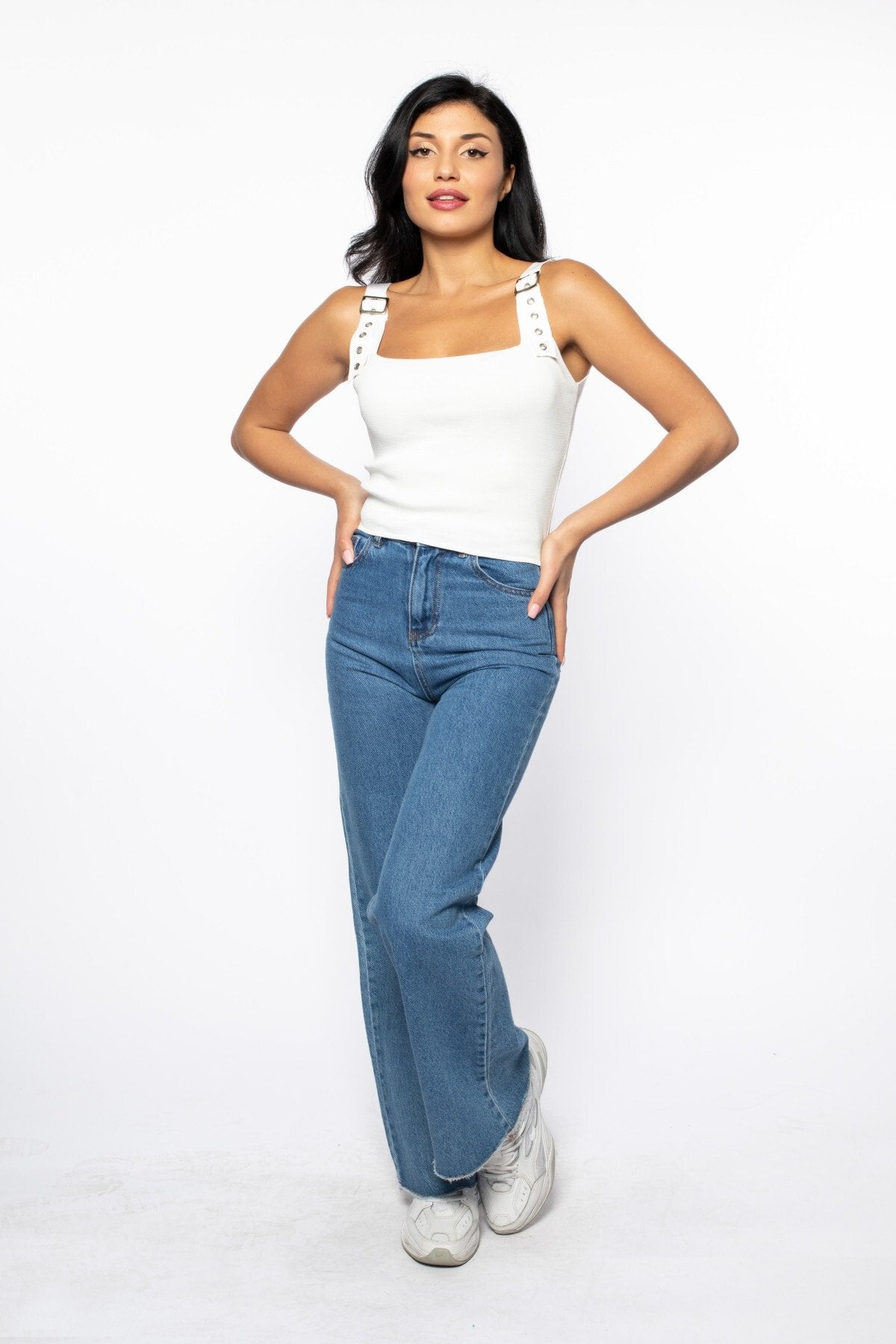 Camel Omuzda Kuşgözü Detaylı Kare Yaka Triko Atlet