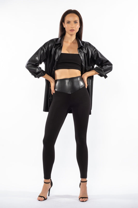 Siyah Kemeri Deri Detaylı Yüksek Bel Kışlık Örme Toparlayıcı Tayt