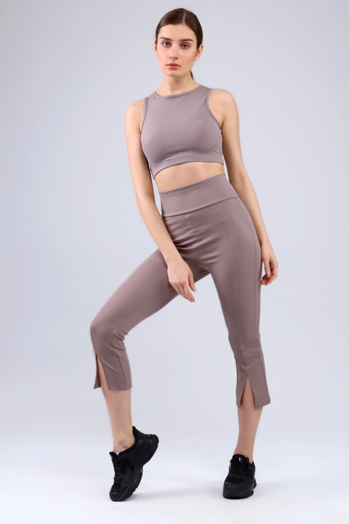 Lacivert Fitilli Kısa Paça Ön Yırtmaçlı Yüksek Bel Toparlayıcı Tayt