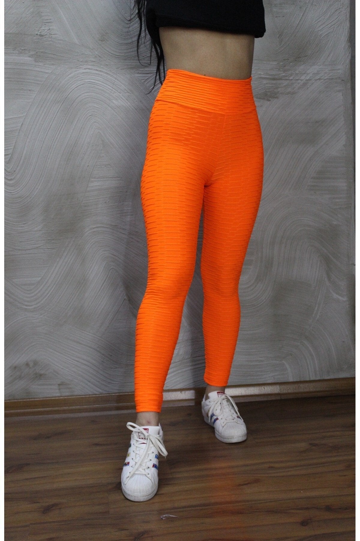 Neon Turuncu Yüksek Bel Petekli Tayt