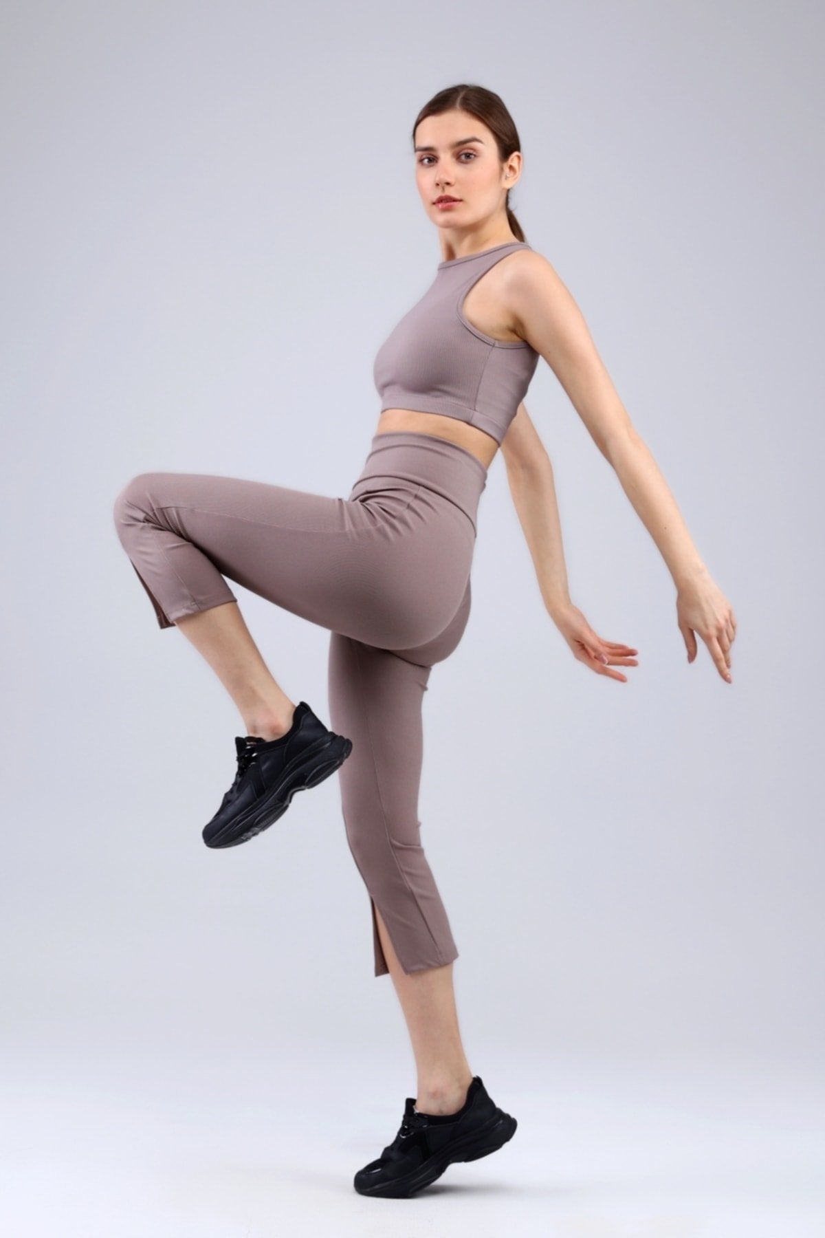 Lacivert Fitilli Kısa Paça Ön Yırtmaçlı Yüksek Bel Toparlayıcı Tayt