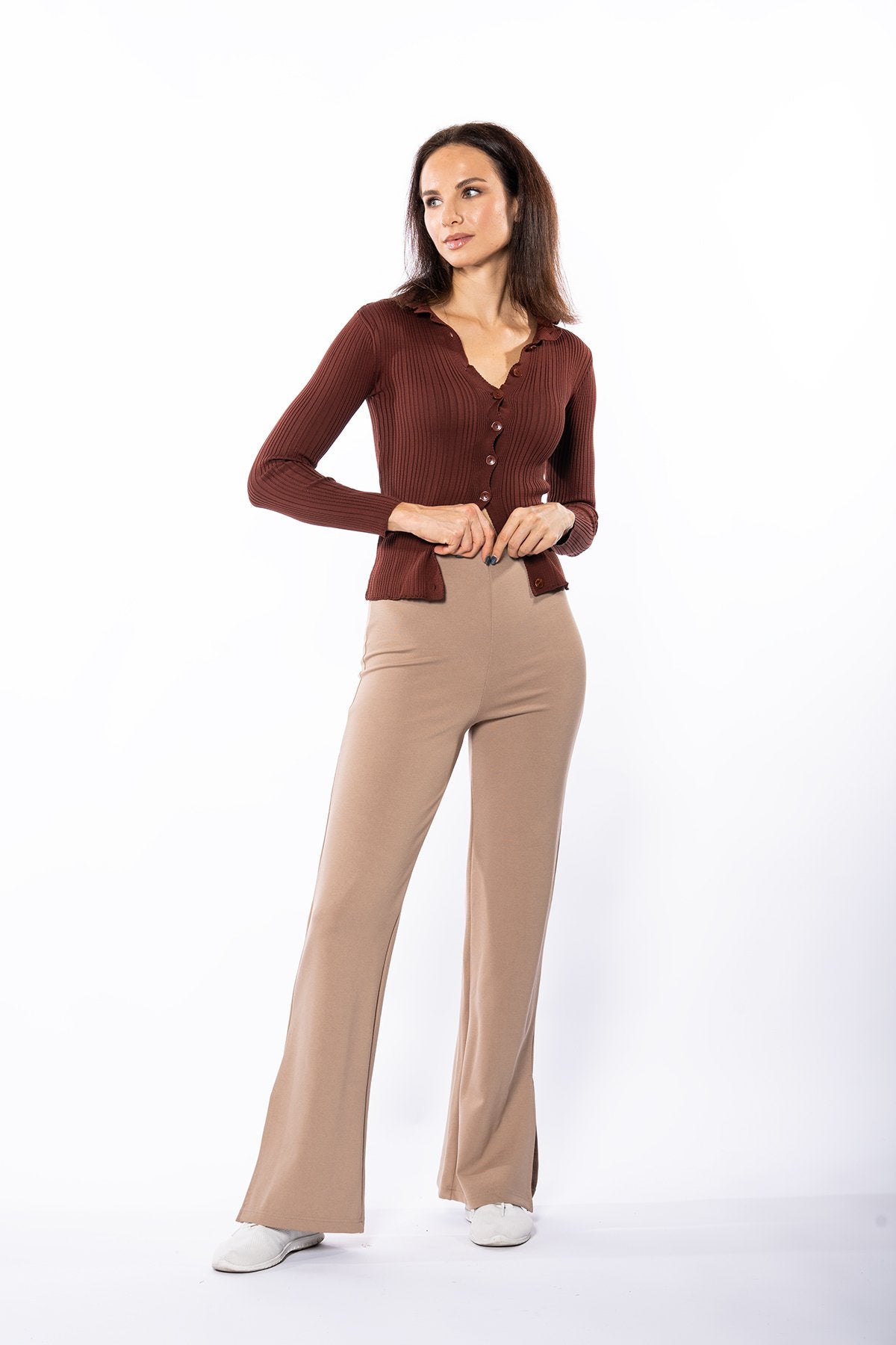 Bej Yüksek Bel Yan Yırtmaçlı Ispanyol Paça Toparlayıcı Tayt