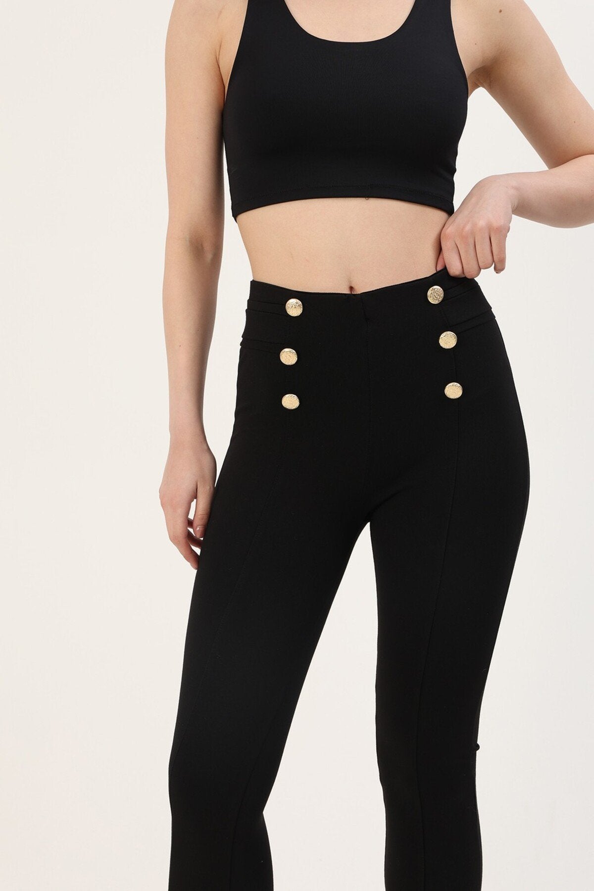 Gold Düğme Önde Dikiş Detaylı Yüksek Bel Çelik Örme  İnterlok Tayt