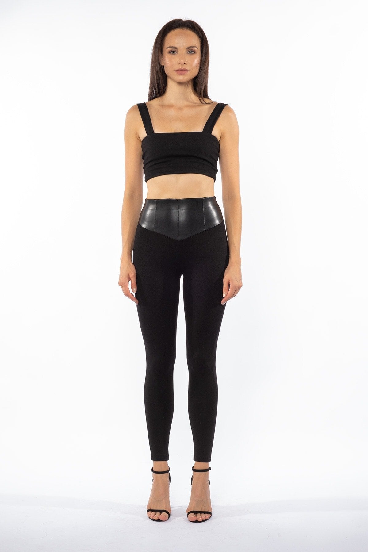 Siyah Kemeri Deri Detaylı Yüksek Bel Kışlık Örme Toparlayıcı Tayt