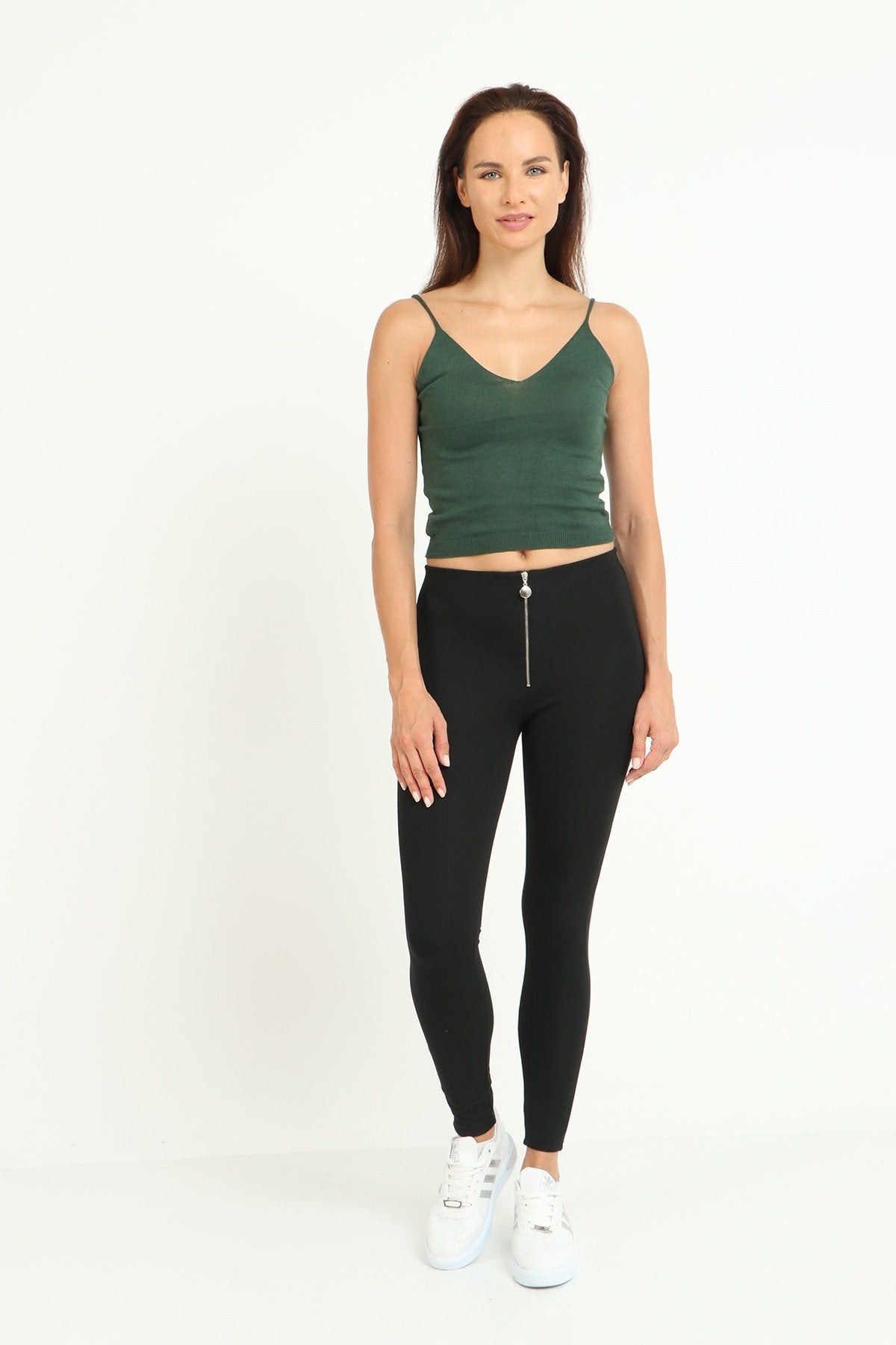 Siyah Yüksek Bel Önü Fermuarlı Toparlayıcı Tayt