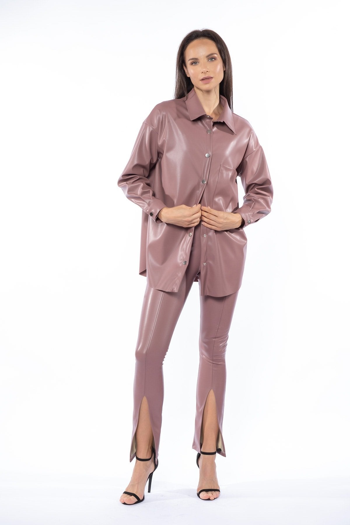 Önü Yırtmaçlı Çıma Dikişli Kalın Şardonlu Yüksek Bel Deri Pantolon Tayt