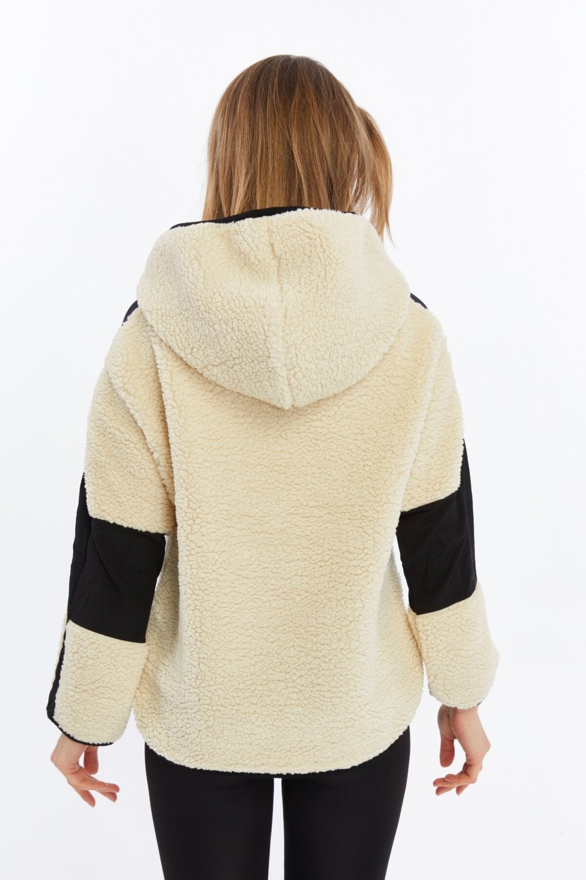 Peluş Renk Bloklu Oversize Paraşüt Kumaş Detaylı Örme Spor Sweatshirt