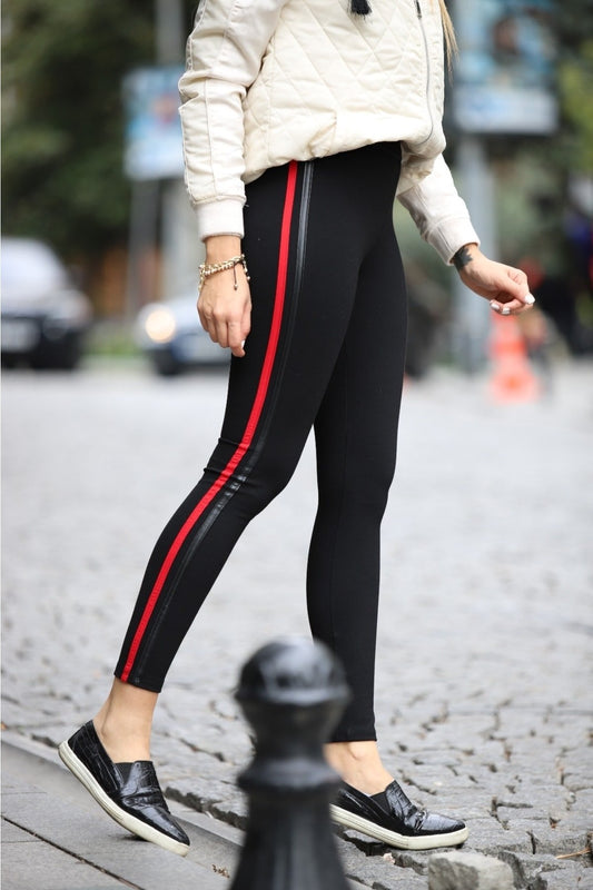 Siyah Yanı Kırmızı Ve Deri Biyeli Yüksek Bel Toparlayıcı Tayt