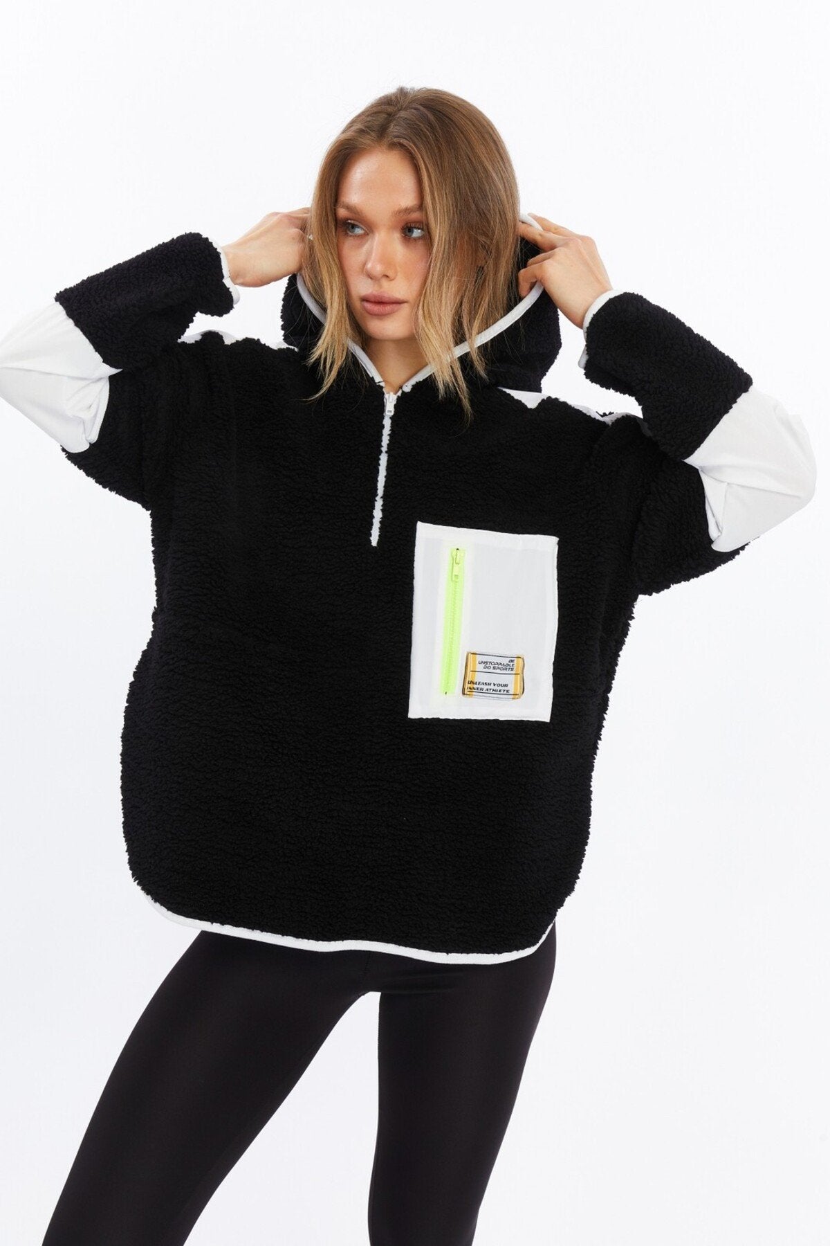 Peluş Renk Bloklu Oversize Paraşüt Kumaş Detaylı Örme Spor Sweatshirt