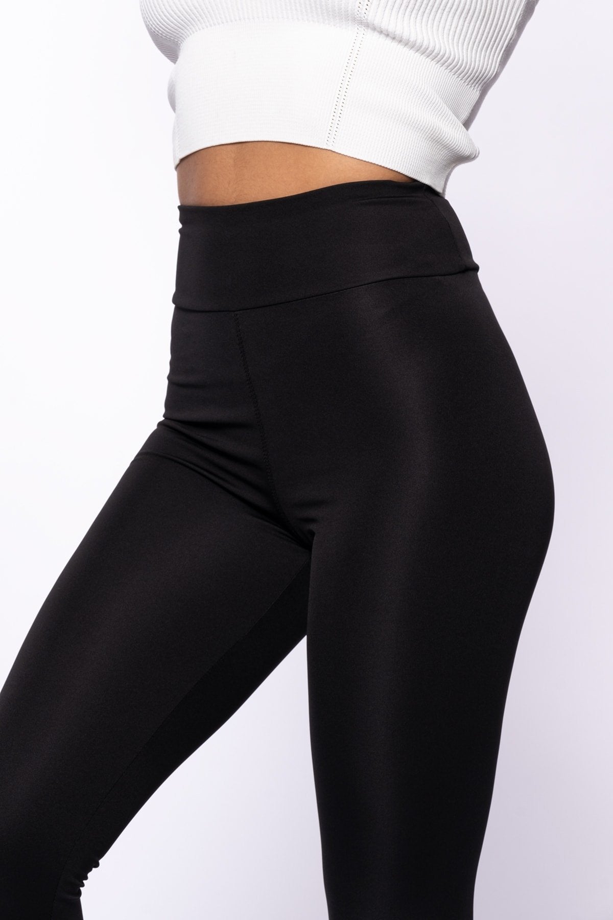 Siyah Yüksek Bel Dalgıç Kumaş Toparlayıcı Spor Tayt