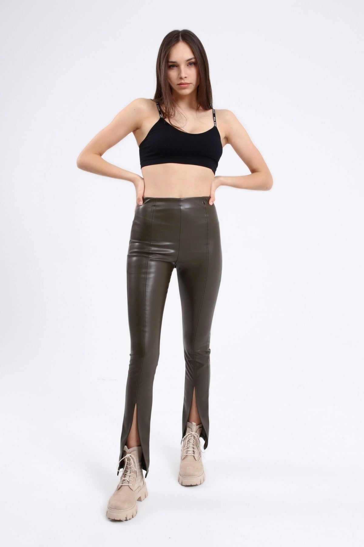 Önü Yırtmaçlı Çıma Dikişli Kalın Şardonlu Yüksek Bel Deri Pantolon Tayt