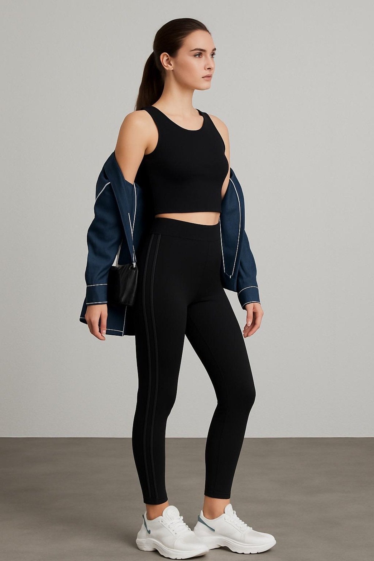 Lila Yanı İki Şeritli Yüksek Bel Toparlayıcı Tayt