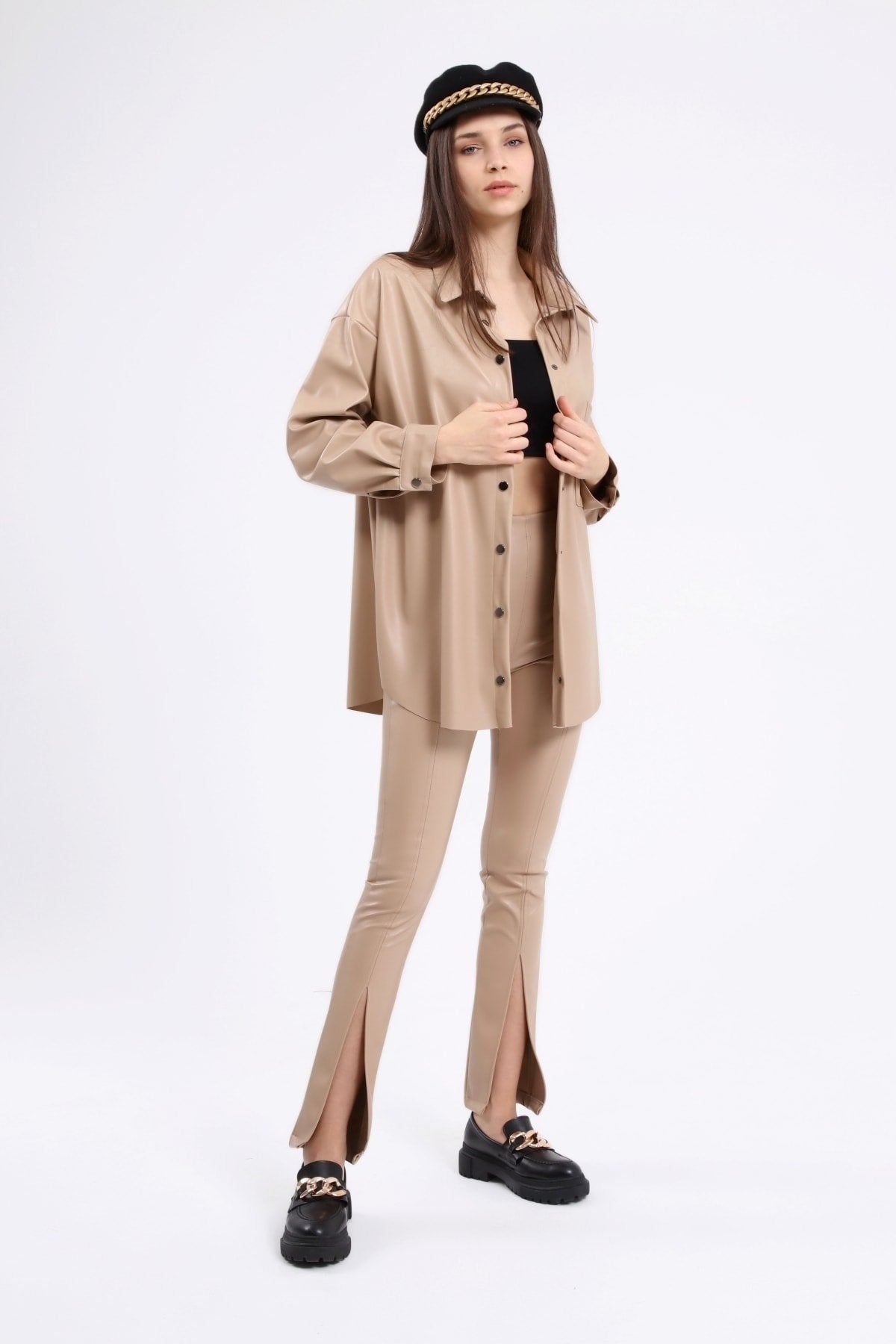 Önü Yırtmaçlı Çıma Dikişli Kalın Şardonlu Yüksek Bel Deri Pantolon Tayt