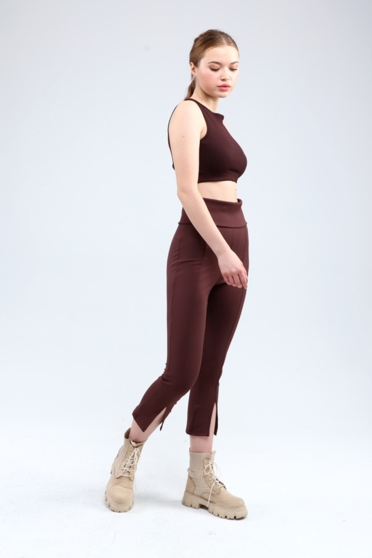 Lacivert Fitilli Kısa Paça Ön Yırtmaçlı Yüksek Bel Toparlayıcı Tayt